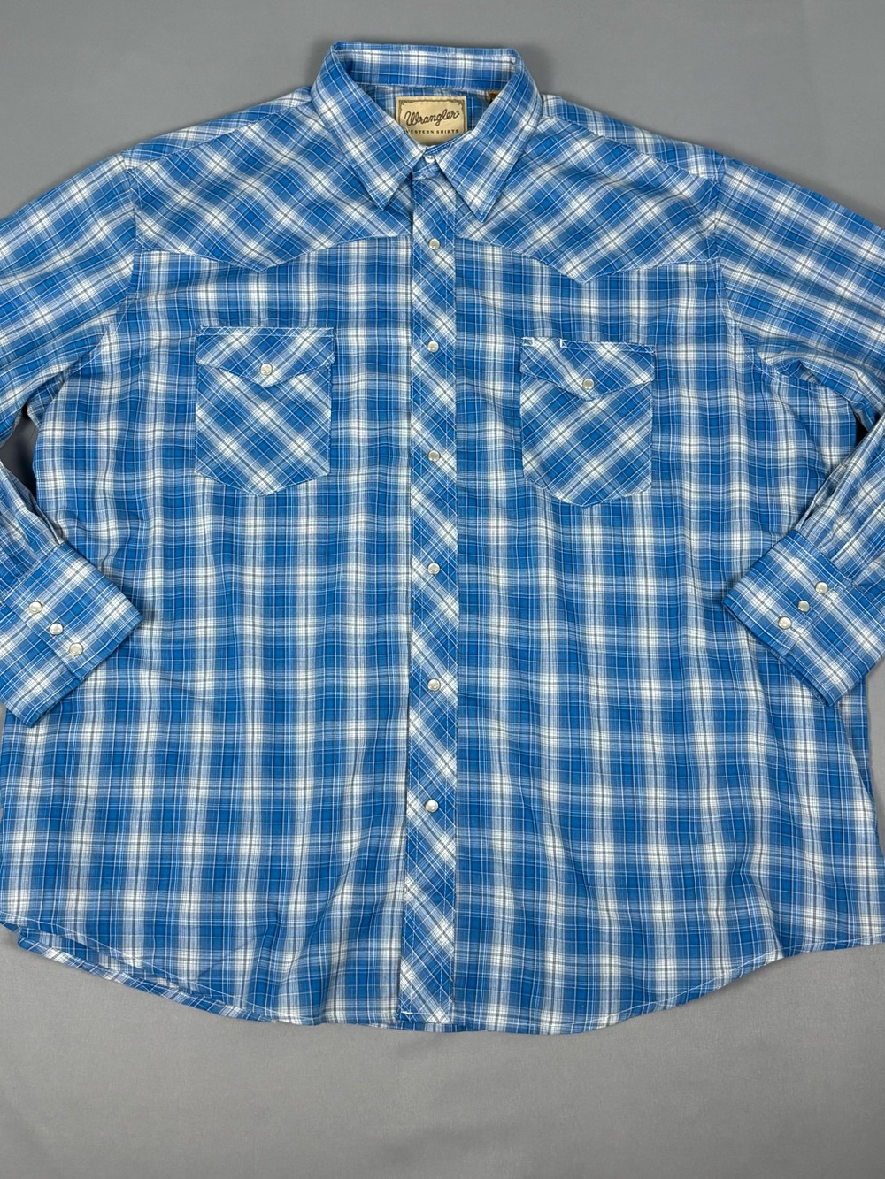 Wrangler Western Pearl Snap Shirt 2XL Blue Plaid Long Sleeve Cowboy